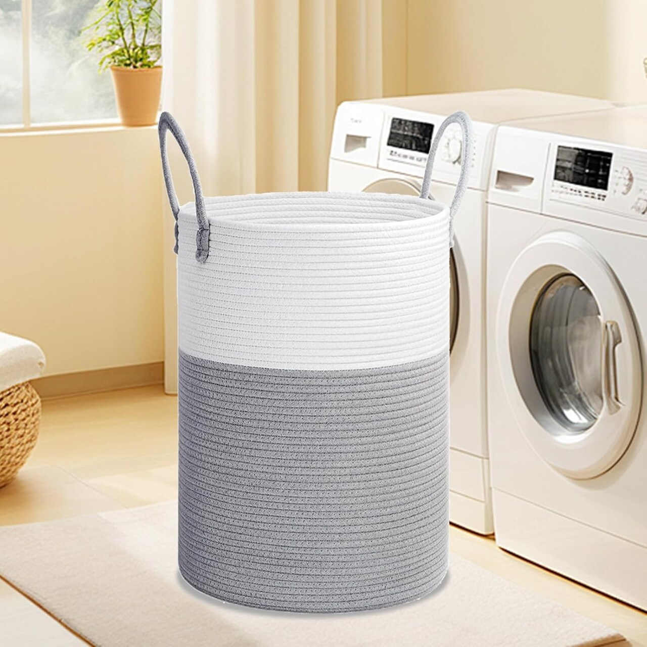 60L Laundry Hamper with Handles,Decorative Blanket Basket Tall Woven Rope Storage Basket for Dirty Clothes,Toys,Blankets in Living Room, Bathroom&Bedroom